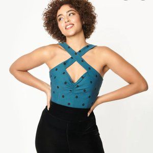 NWT Unique Vintage Teal & Black Polka Dot Porter Top Size 2 XS